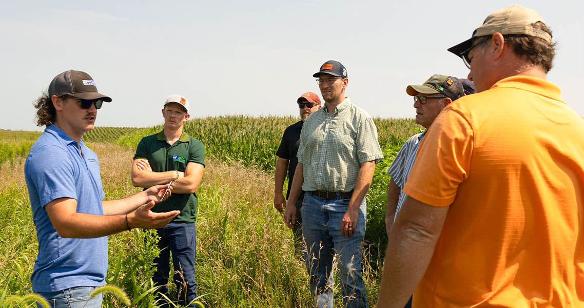 Iowa Soybean staff speaking with farmers in field